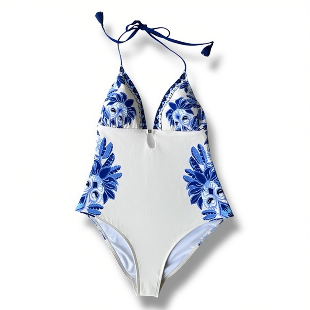 NWT Cupshe Vintage Floral Halterneck Low-Cut Back One-Piece Swimsuit Size Large - Picture 2 of 9
